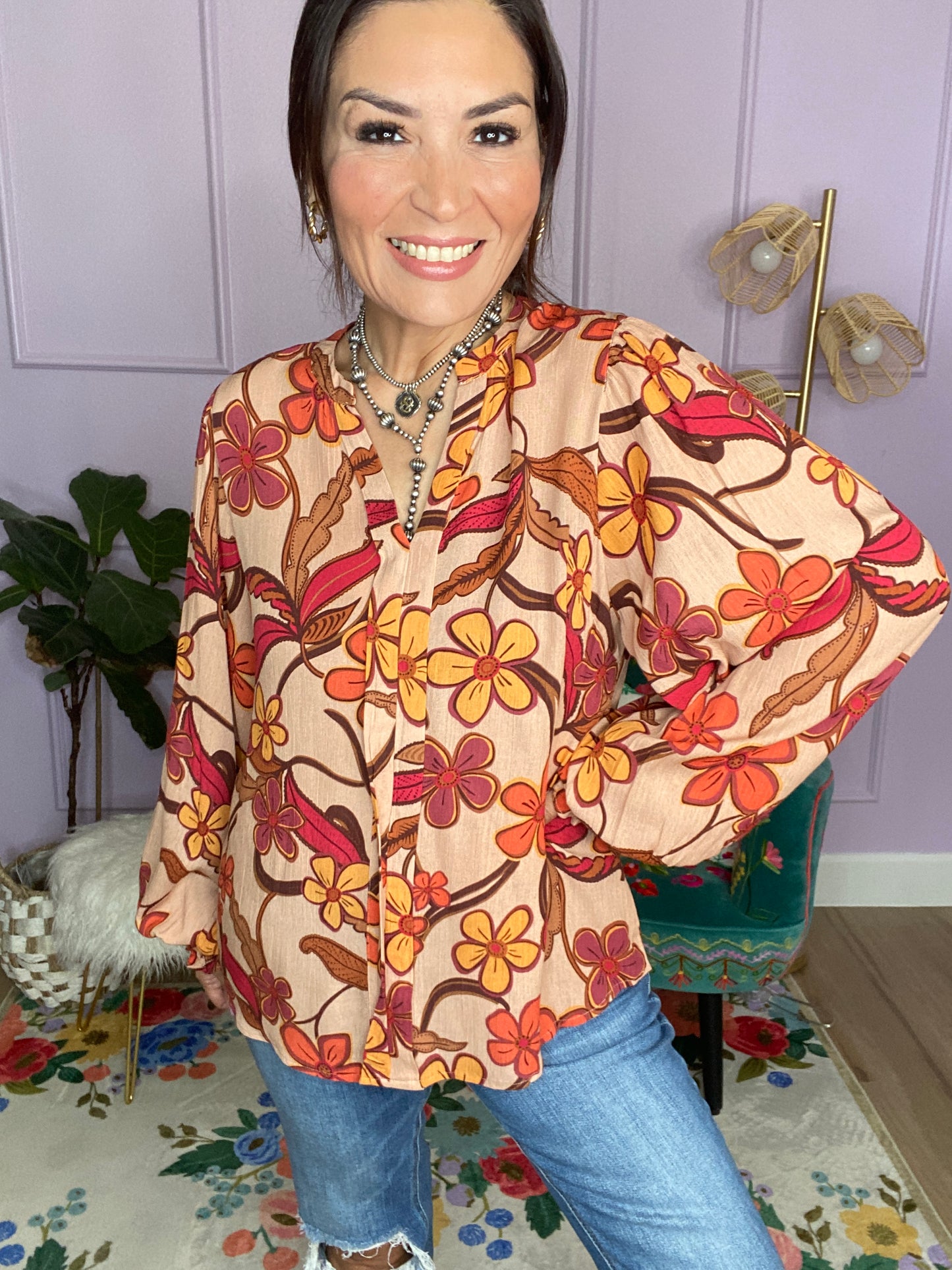 FLORAL PRINTED RAYON GAUZE WOVEN TOP