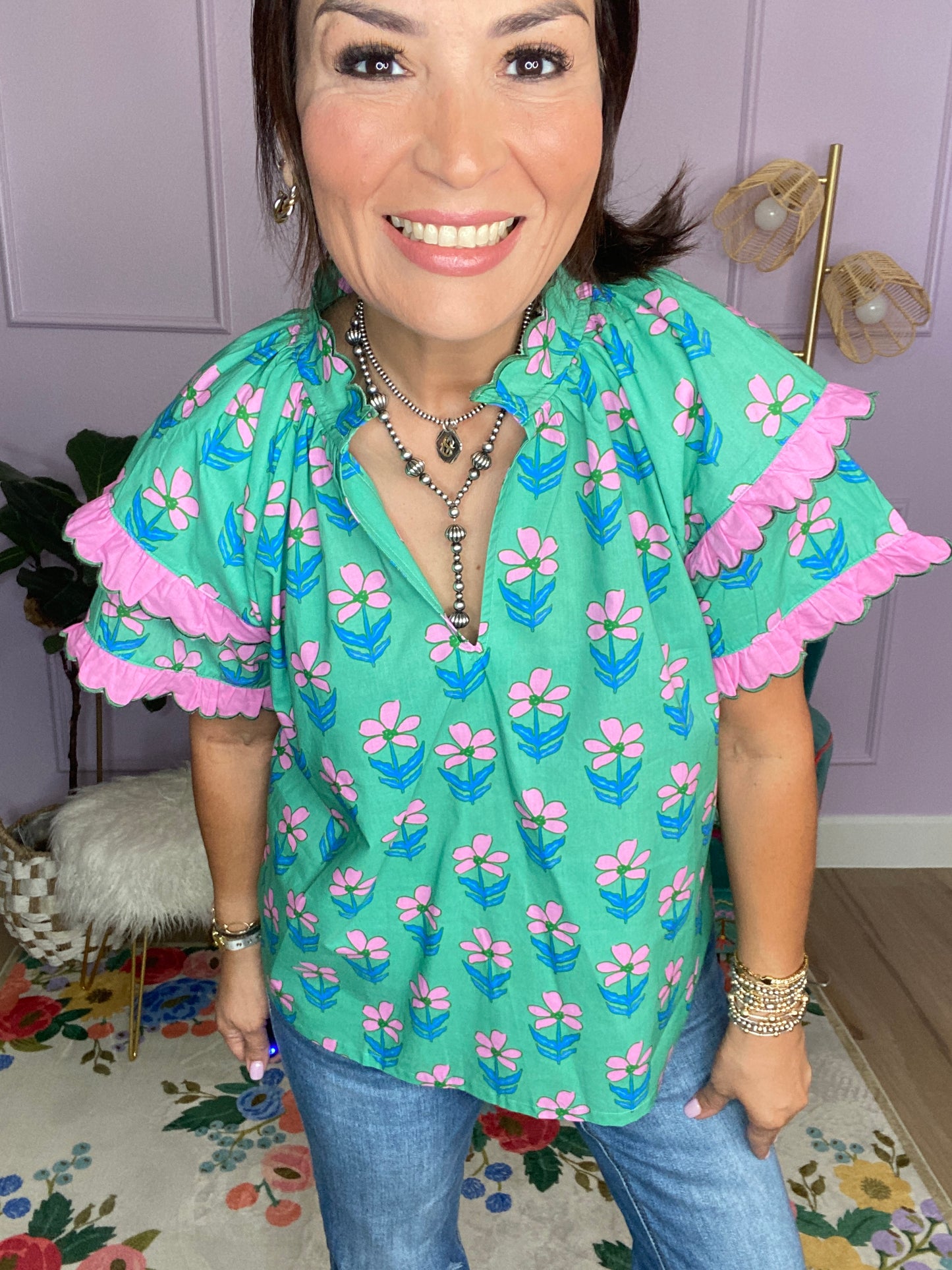 Mix Ruffle Sleeve Floral Blouse