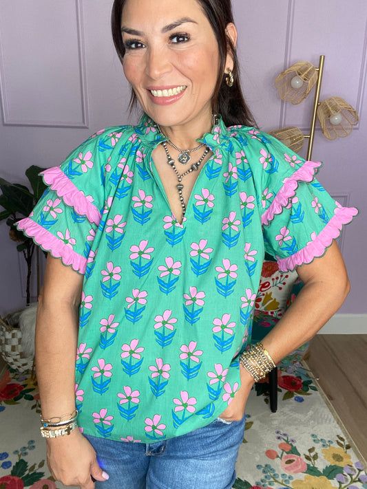 Mix Ruffle Sleeve Floral Blouse