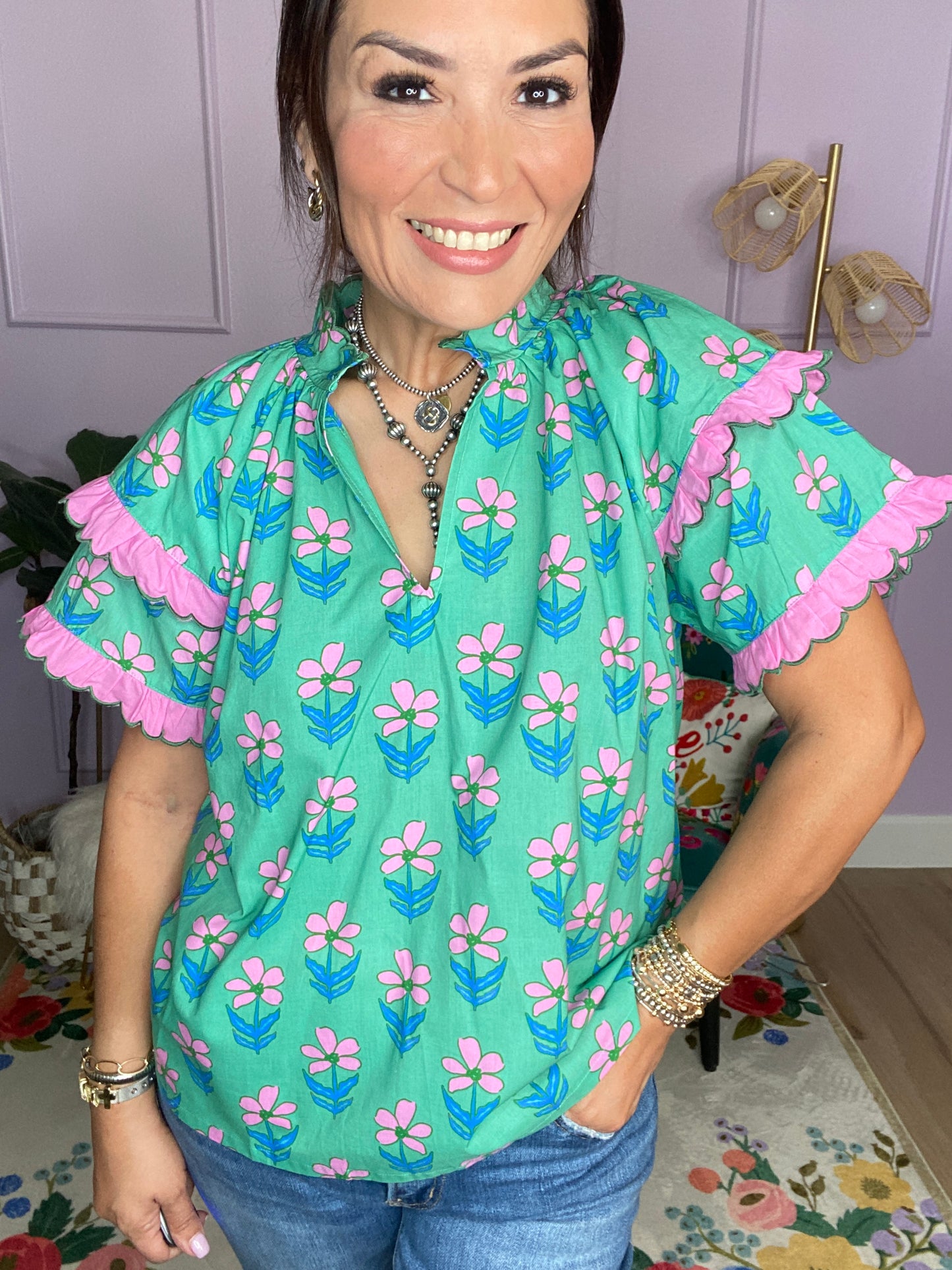 Mix Ruffle Sleeve Floral Blouse