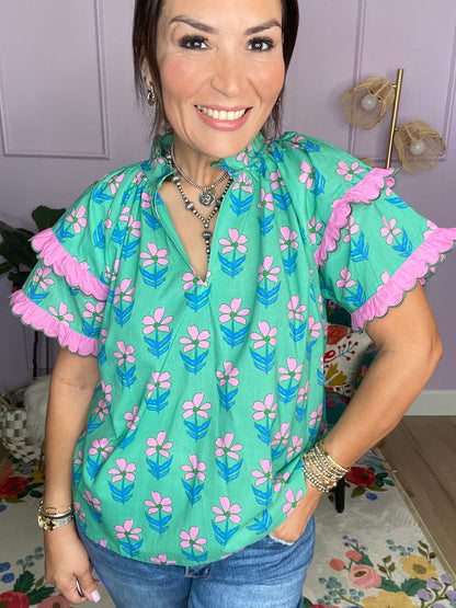 Mix Ruffle Sleeve Floral Blouse