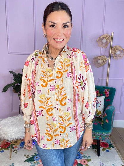 Floral Print Loose Fit Button Down Shirt