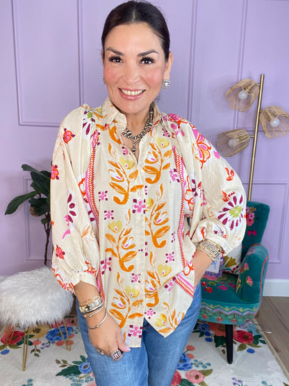 Floral Print Loose Fit Button Down Shirt