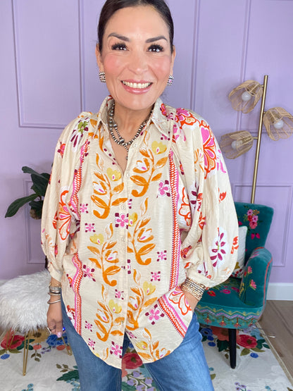 Floral Print Loose Fit Button Down Shirt