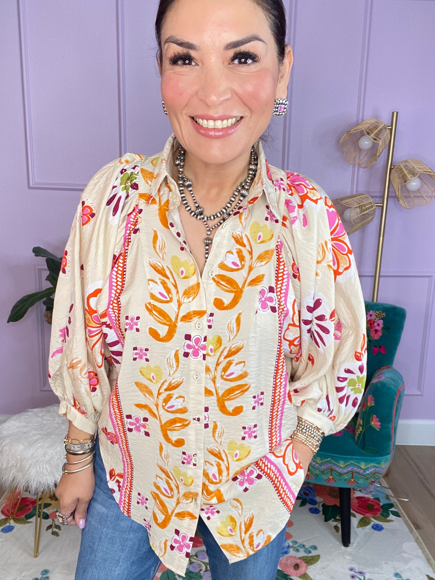 Floral Print Loose Fit Button Down Shirt