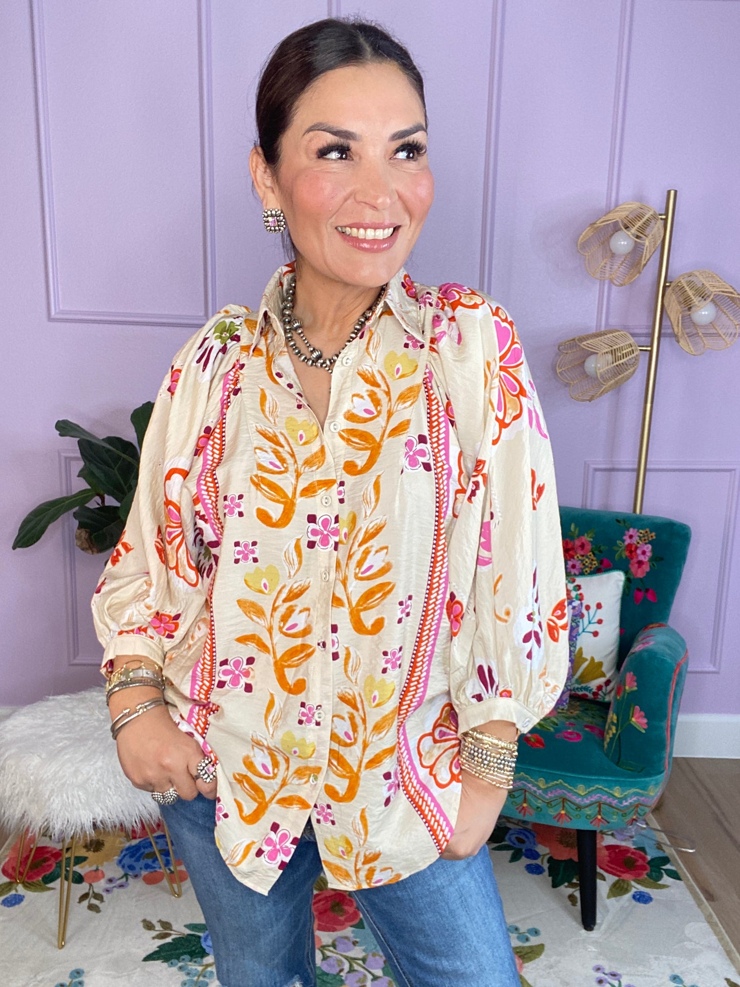 Floral Print Loose Fit Button Down Shirt
