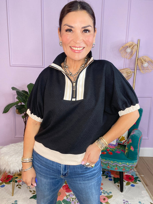 Textured Half Zip Mock Neck Top