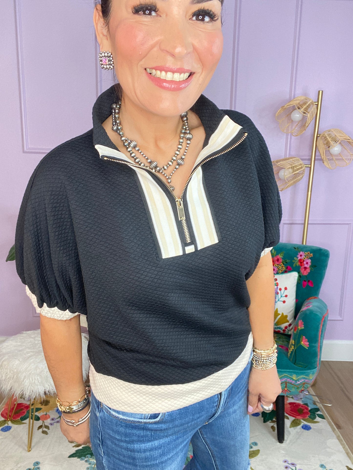 Textured Half Zip Mock Neck Top