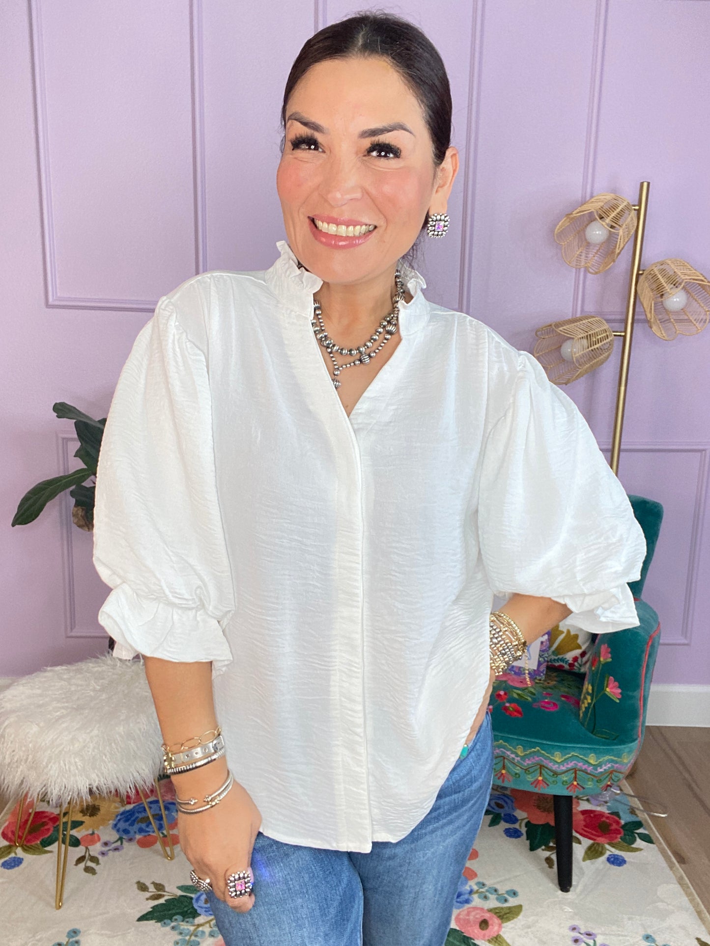 Gathered Balloon Sleeve Blouse