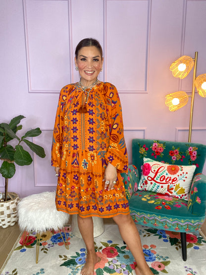 PRINTED RAYON GAUZE MINI DRESS