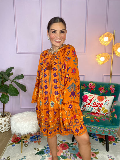 PRINTED RAYON GAUZE MINI DRESS