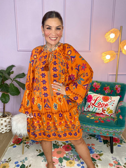 PRINTED RAYON GAUZE MINI DRESS