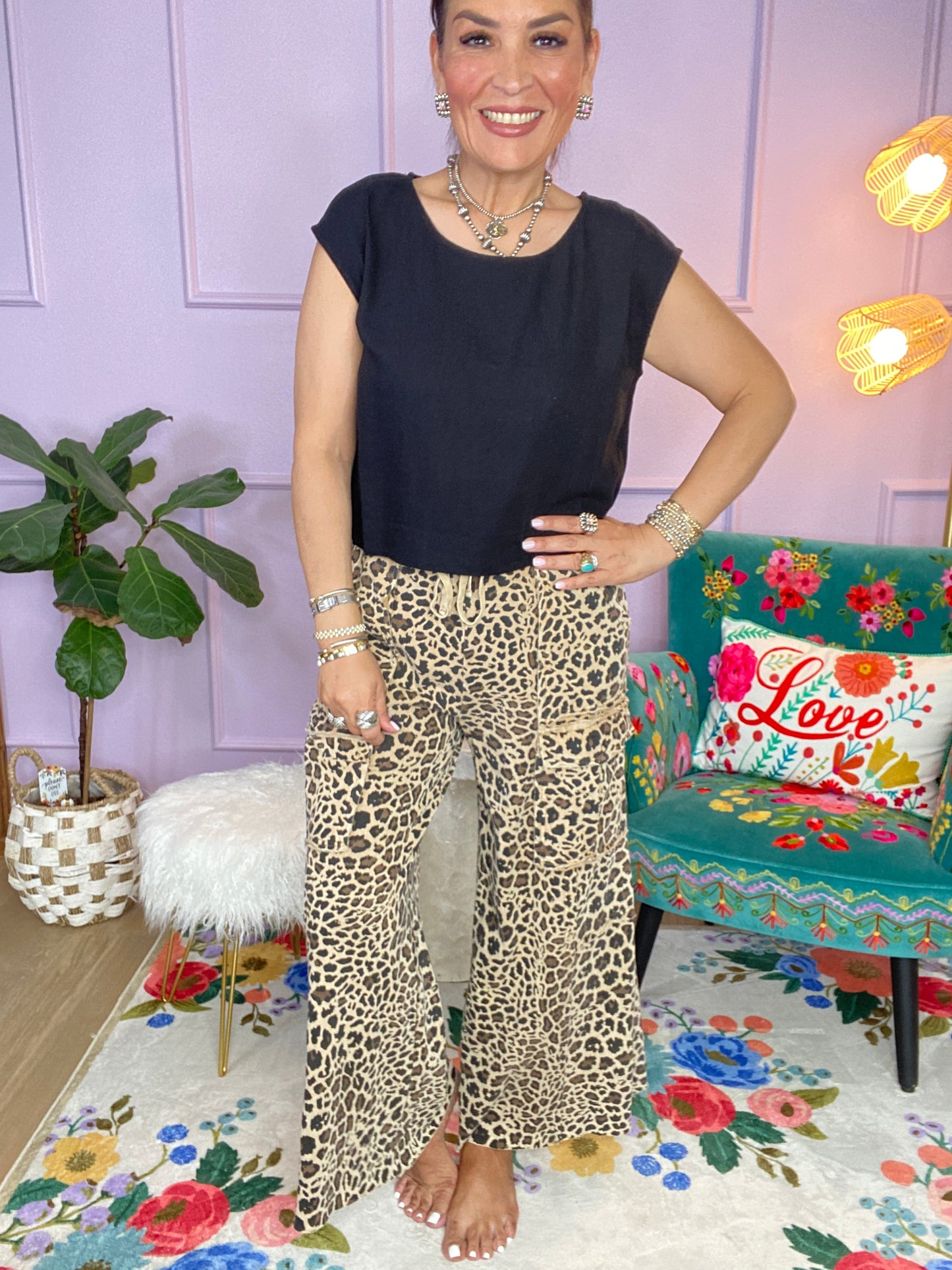 MOCHA ANIMAL PRINTED TERRY KNIT MINERAL WASHED CARGO PANTS