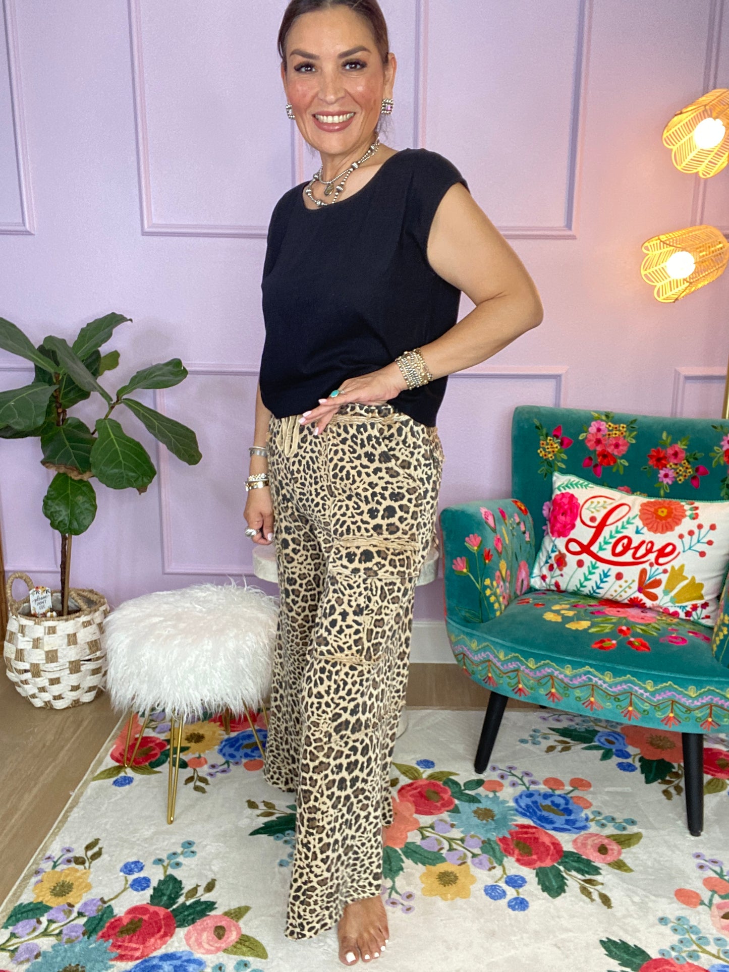 MOCHA ANIMAL PRINTED TERRY KNIT MINERAL WASHED CARGO PANTS