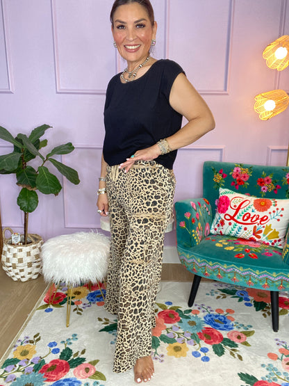 MOCHA ANIMAL PRINTED TERRY KNIT MINERAL WASHED CARGO PANTS