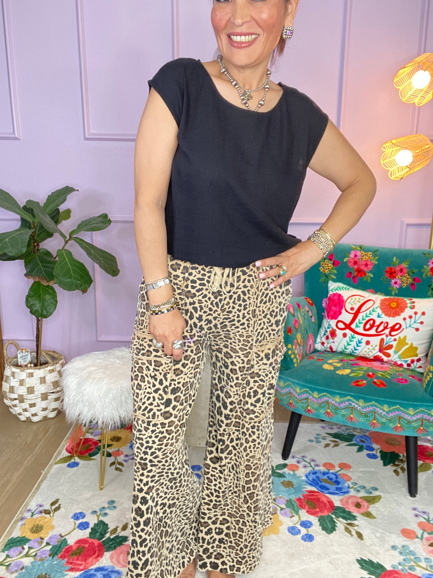 MOCHA ANIMAL PRINTED TERRY KNIT MINERAL WASHED CARGO PANTS