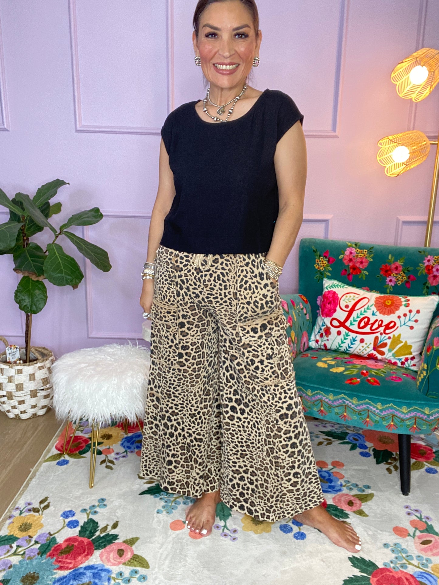MOCHA ANIMAL PRINTED TERRY KNIT MINERAL WASHED CARGO PANTS