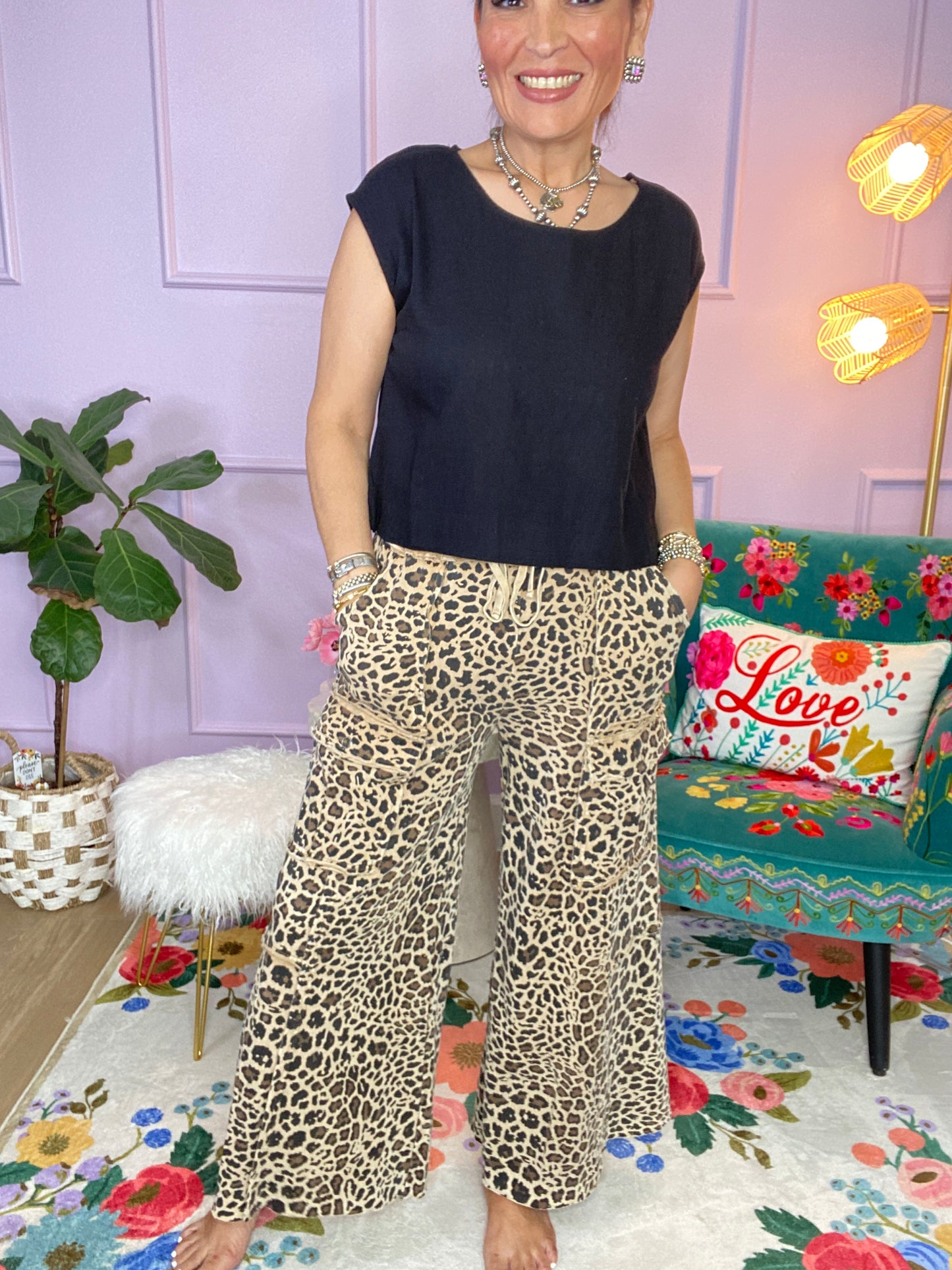 MOCHA ANIMAL PRINTED TERRY KNIT MINERAL WASHED CARGO PANTS