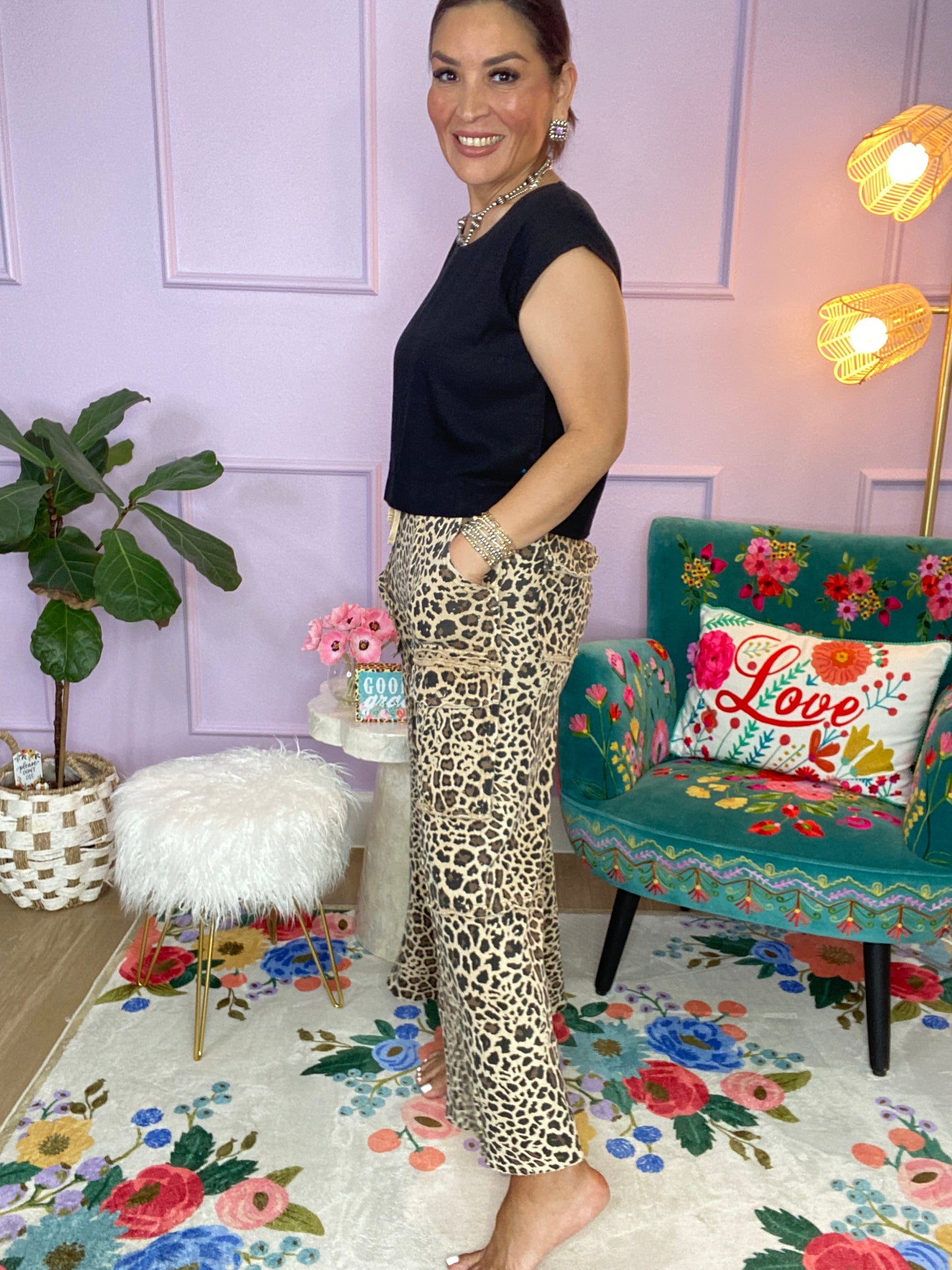 MOCHA ANIMAL PRINTED TERRY KNIT MINERAL WASHED CARGO PANTS