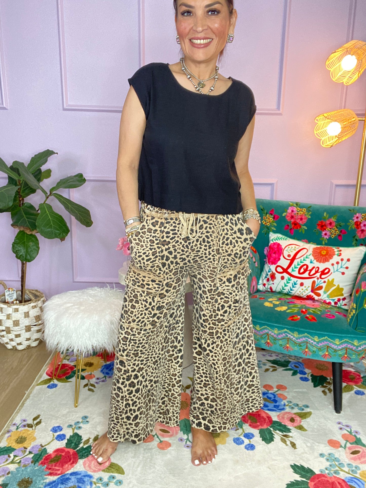 MOCHA ANIMAL PRINTED TERRY KNIT MINERAL WASHED CARGO PANTS