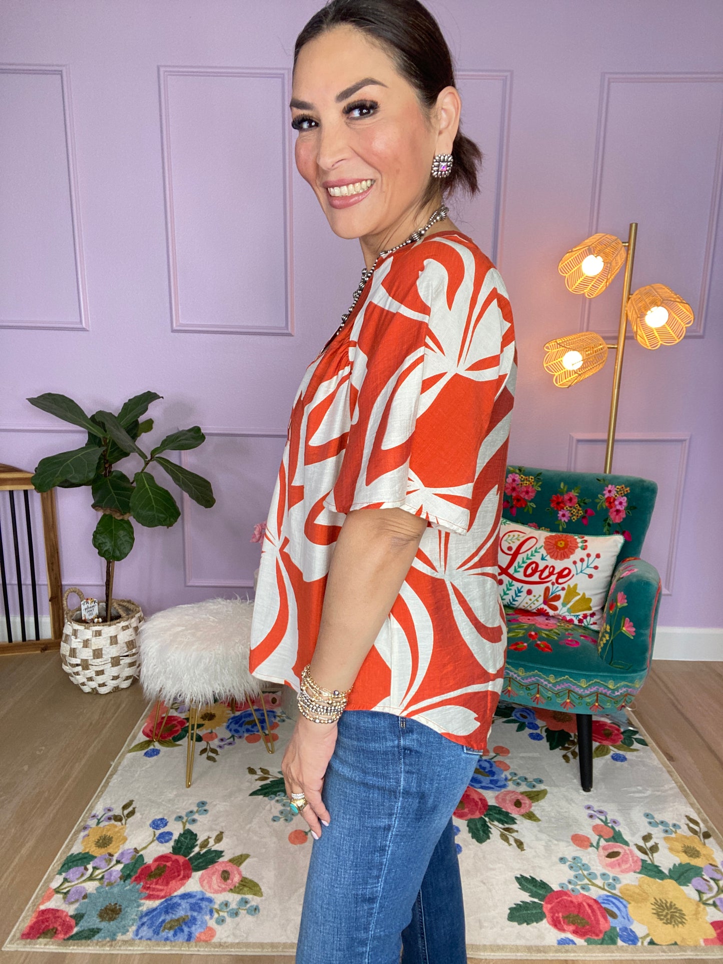 Leaf Print V-Neck Top with a Snap Closure and Trapunto Stitching