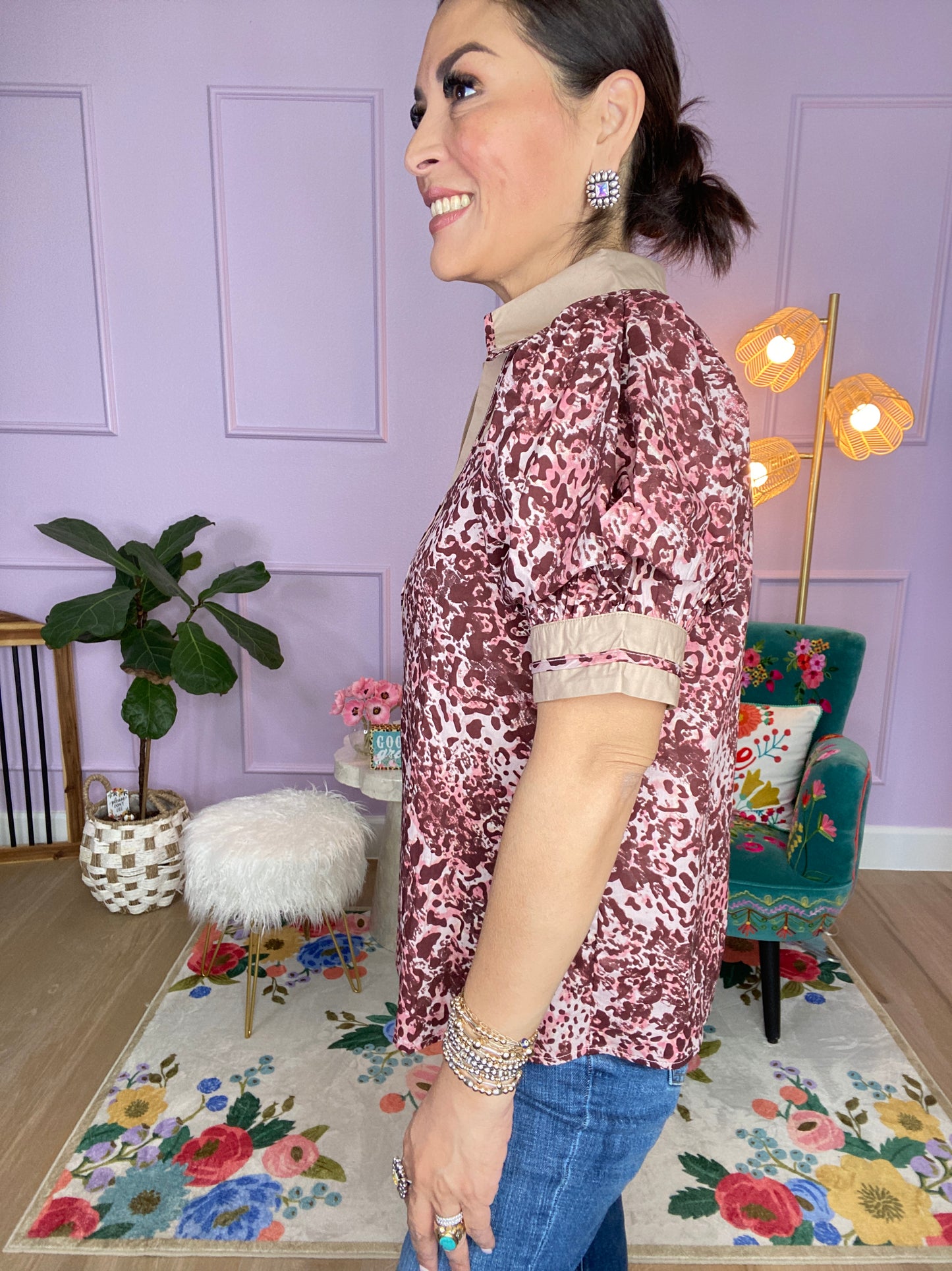 Animal pattern short cuff band sleeve top