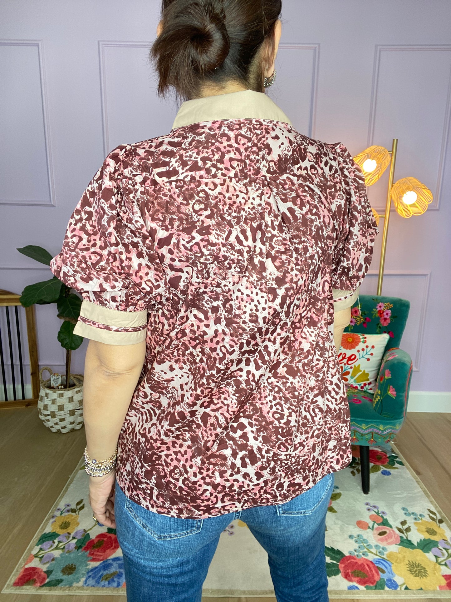 Animal pattern short cuff band sleeve top