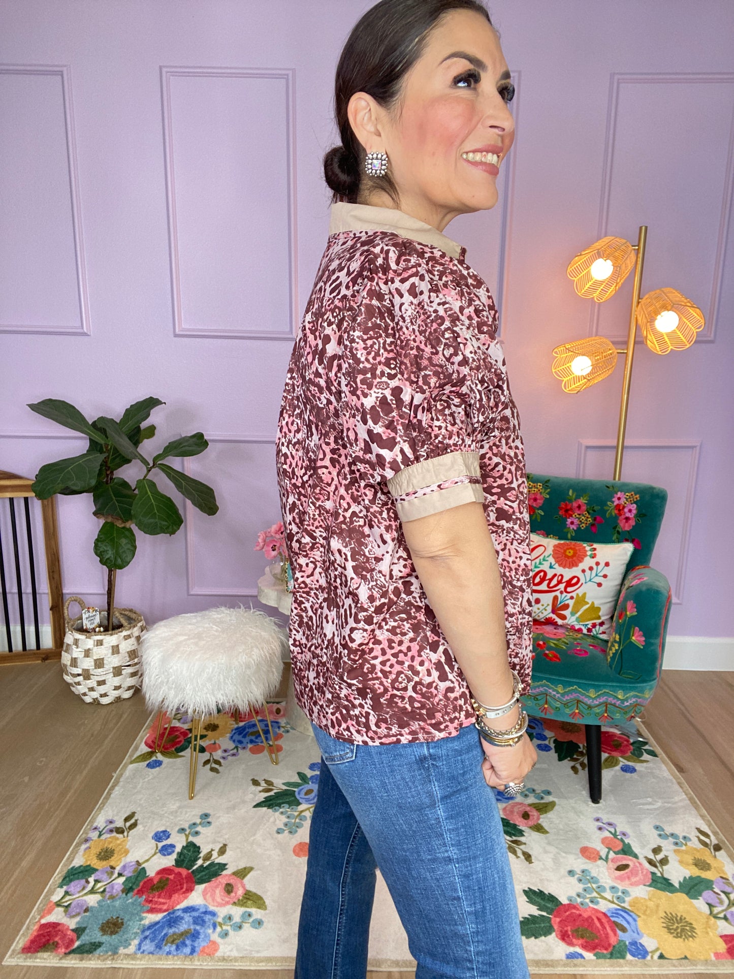 Animal pattern short cuff band sleeve top