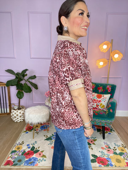 Animal pattern short cuff band sleeve top