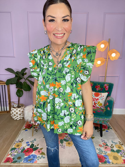 Floral print v-neck short sleeve top