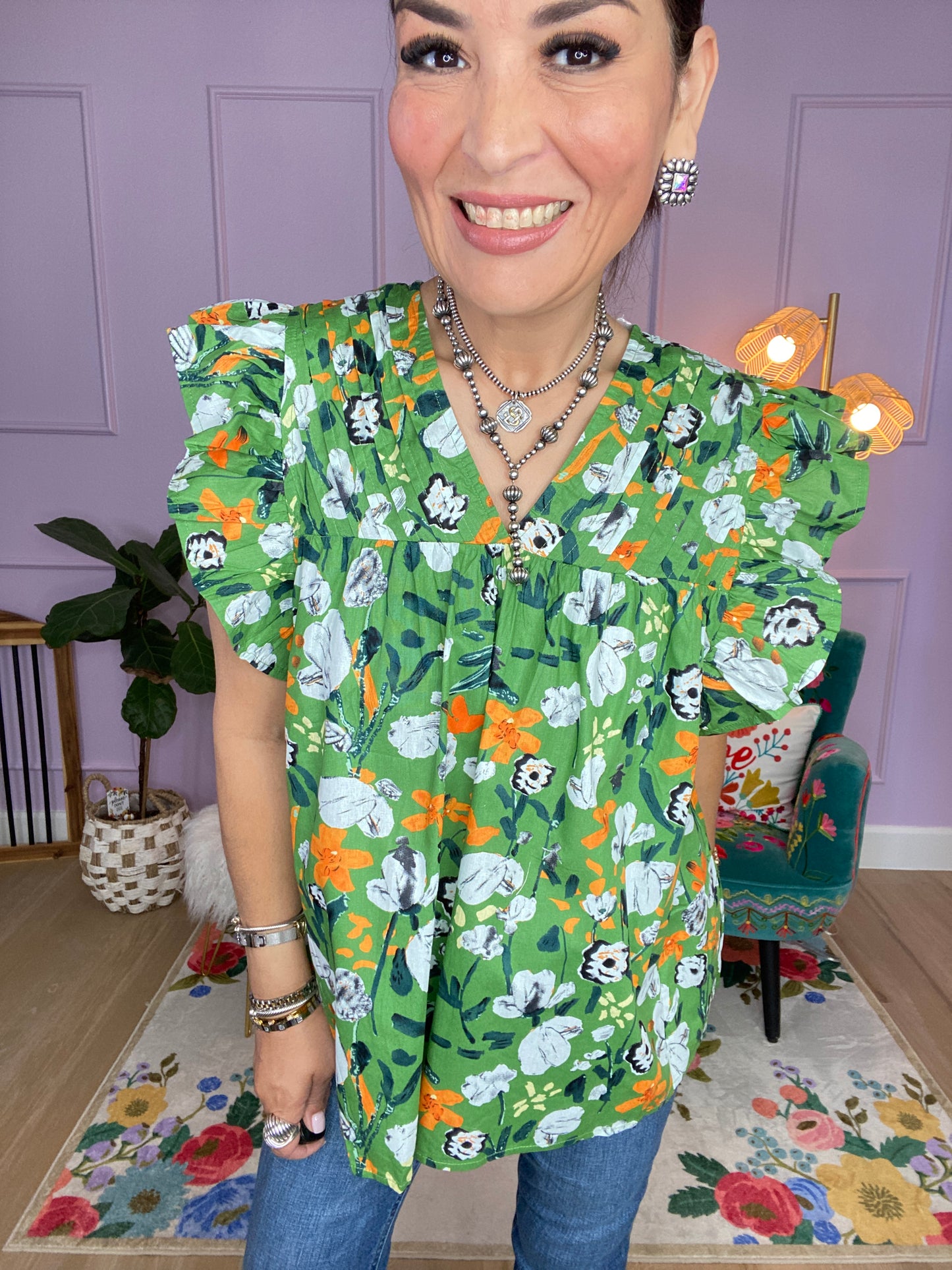Floral print v-neck short sleeve top