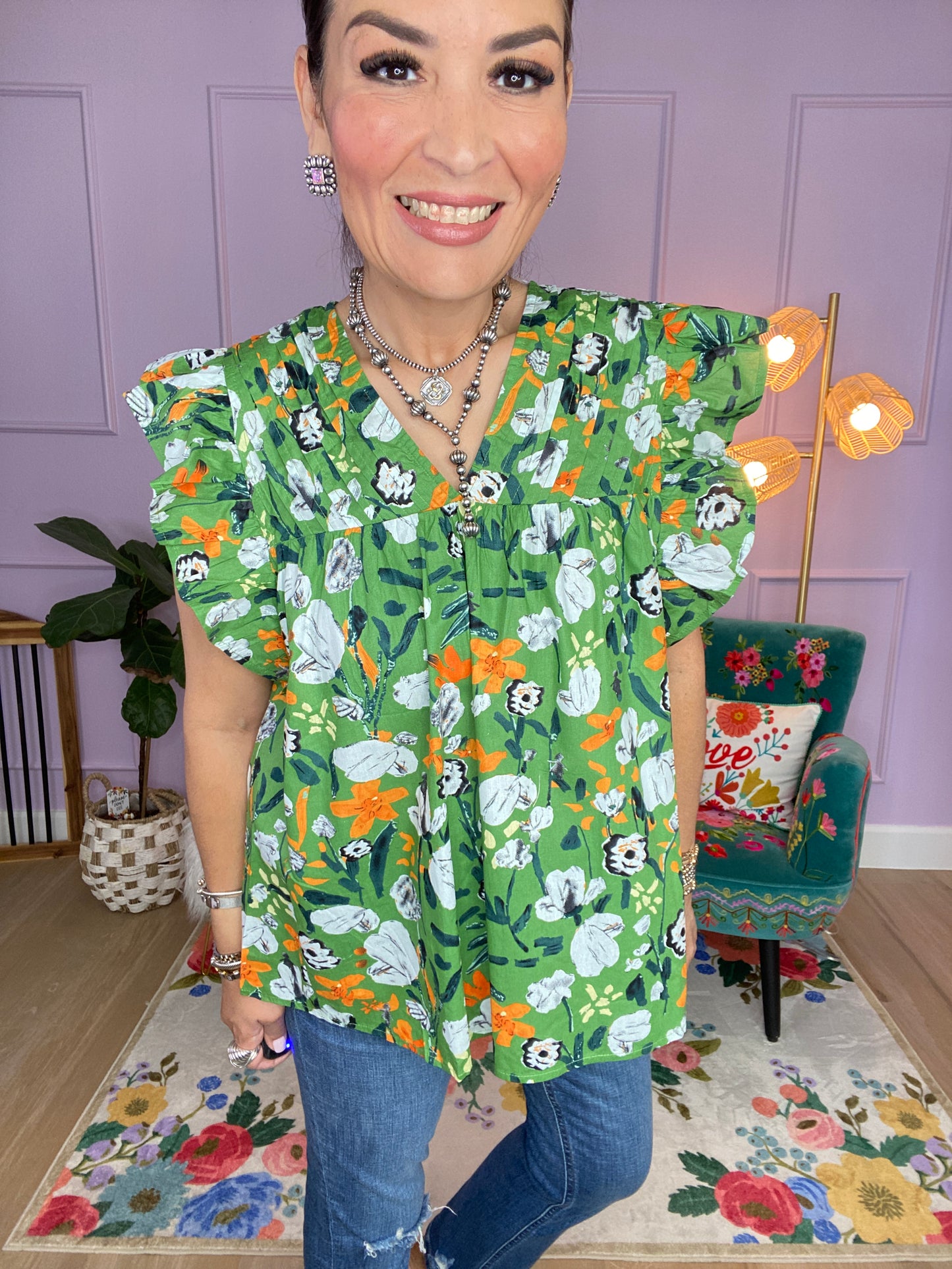 Floral print v-neck short sleeve top