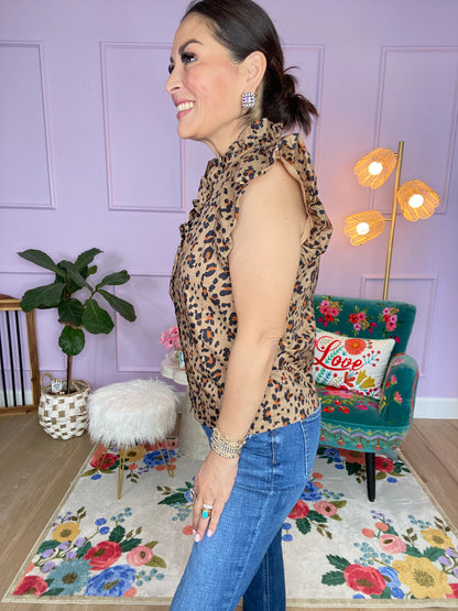 Leopard print puff flutter sleeve top