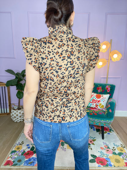 Leopard print puff flutter sleeve top