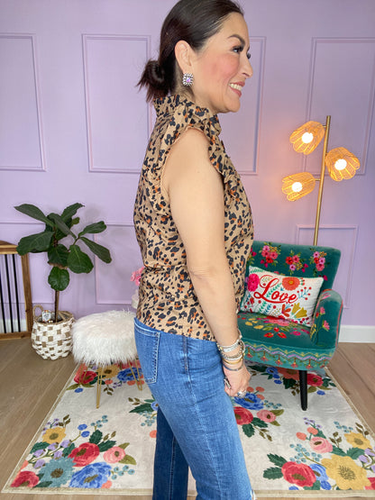 Leopard print puff flutter sleeve top