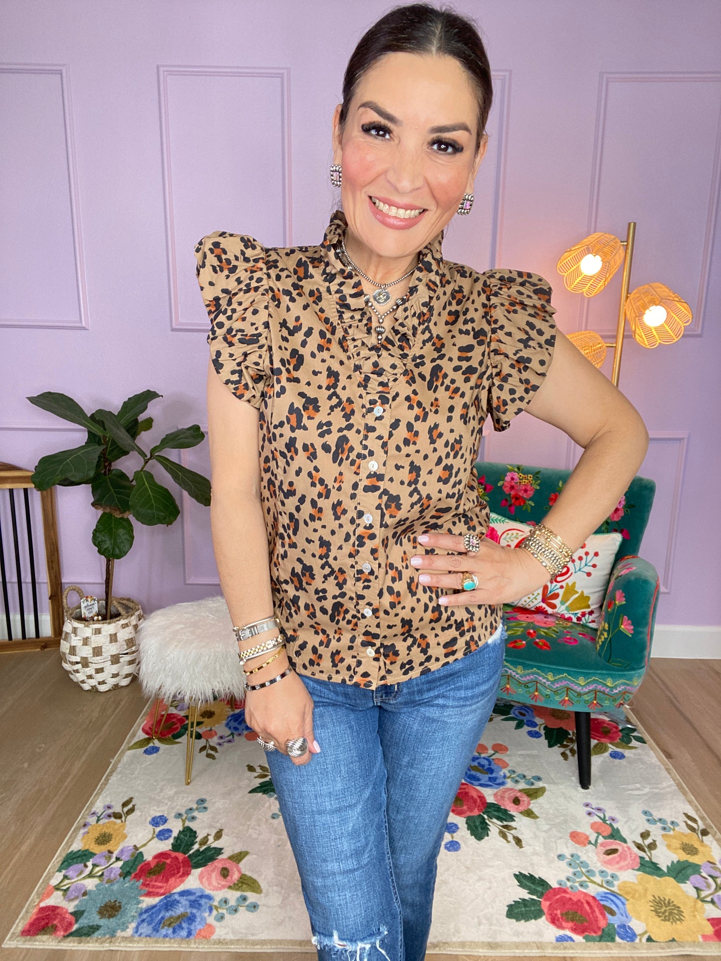 Leopard print puff flutter sleeve top