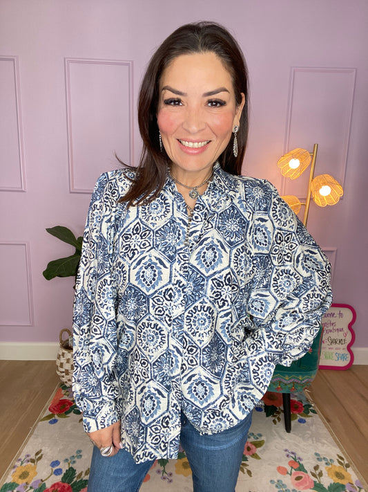 Indigo Mosaic Oversized Shirt