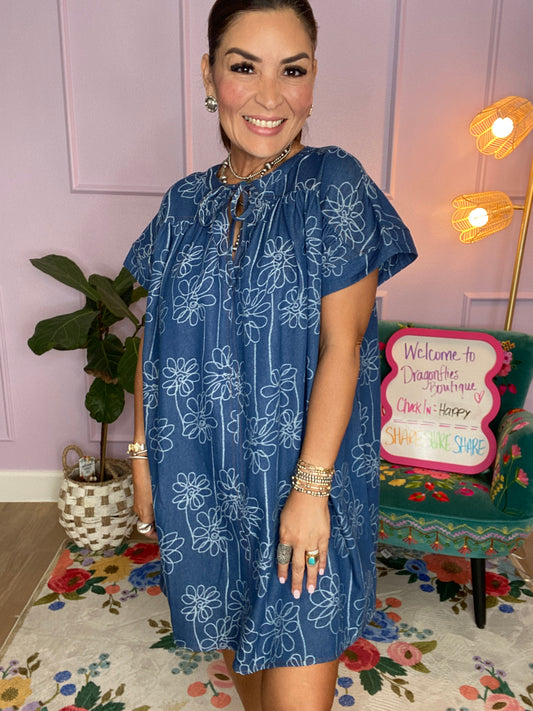 Wildflower Denim Tie-Neck Dress