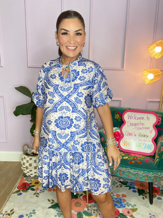 Bluebell Tile Puff Sleeve Dress