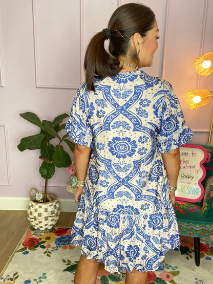 Bluebell Tile Puff Sleeve Dress