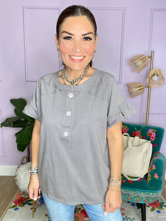 GREY HALF BUTTON T-SHIRT