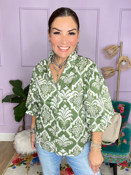 OLIVE MIX PRINTED BUTTON DOWN BLOUSE