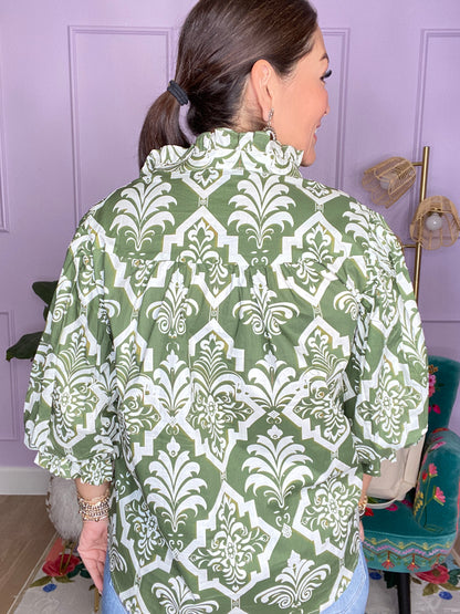 OLIVE MIX PRINTED BUTTON DOWN BLOUSE