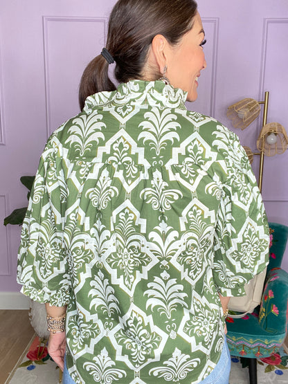 OLIVE MIX PRINTED BUTTON DOWN BLOUSE