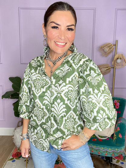 OLIVE MIX PRINTED BUTTON DOWN BLOUSE