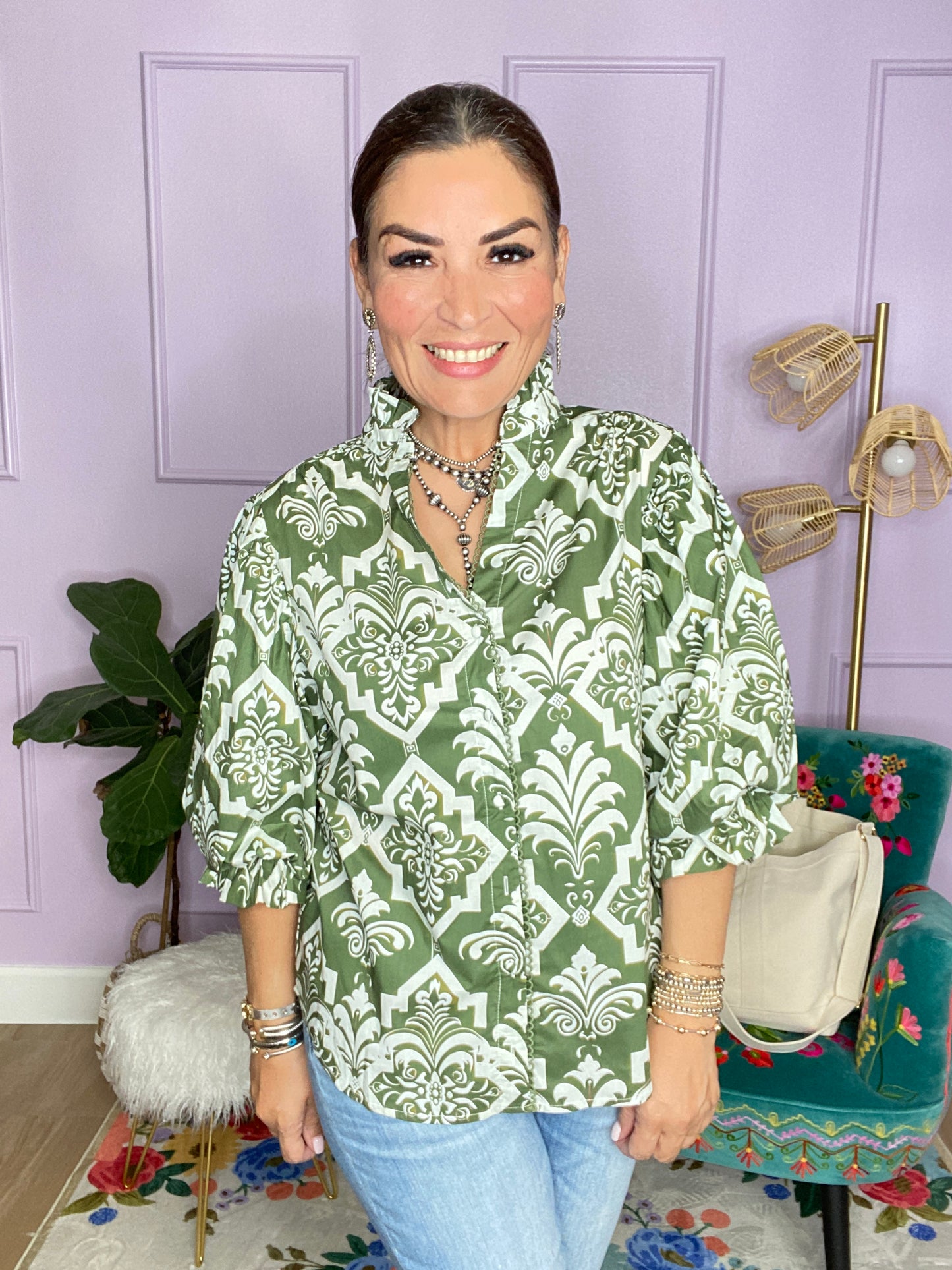 OLIVE MIX PRINTED BUTTON DOWN BLOUSE