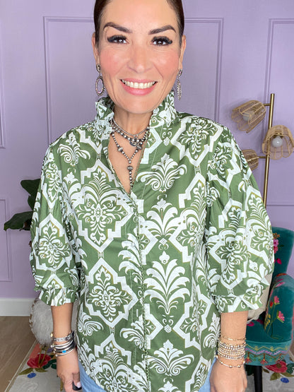 OLIVE MIX PRINTED BUTTON DOWN BLOUSE