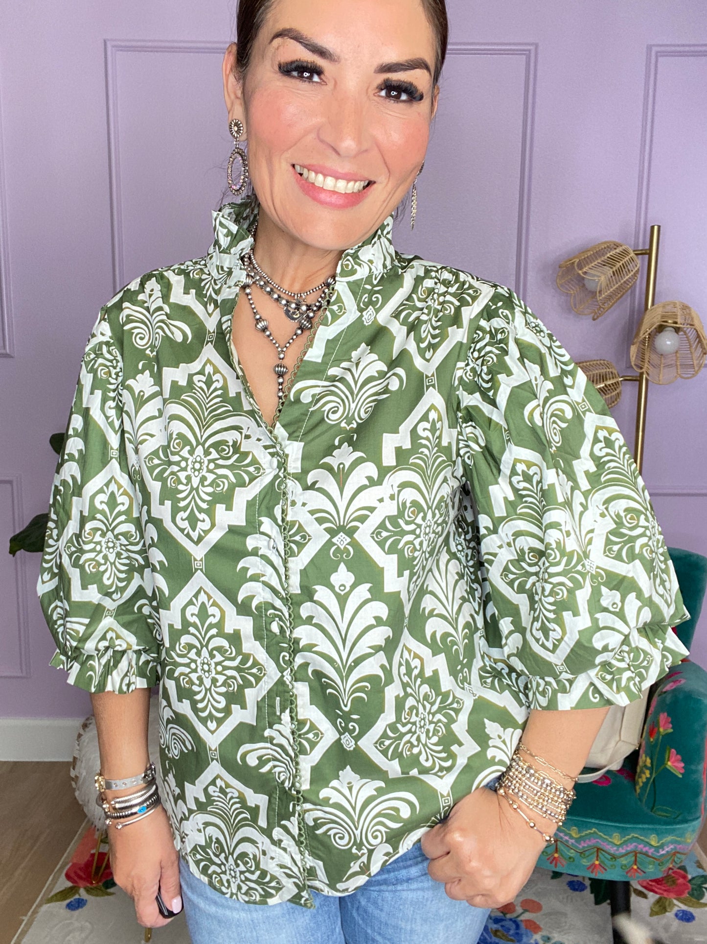 OLIVE MIX PRINTED BUTTON DOWN BLOUSE