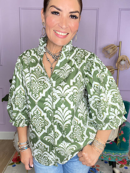 OLIVE MIX PRINTED BUTTON DOWN BLOUSE