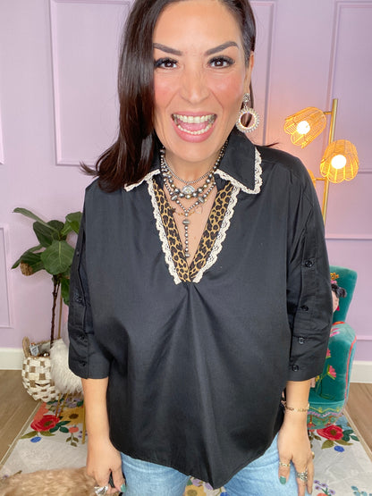 Leopard Contrast Lace Trim Top